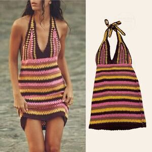 Zara Crochet Mini Dress | Pink Yellow Brown Striped, Resortwear, Swim Coverup S